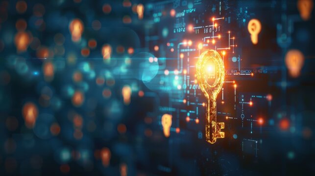 Digital Strategy Concept: Illuminated Key Unlocking Knowledge in a Network of Interconnected Symbols