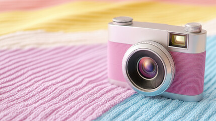 Retro-style camera with pink accents on a colorful textured background, AI