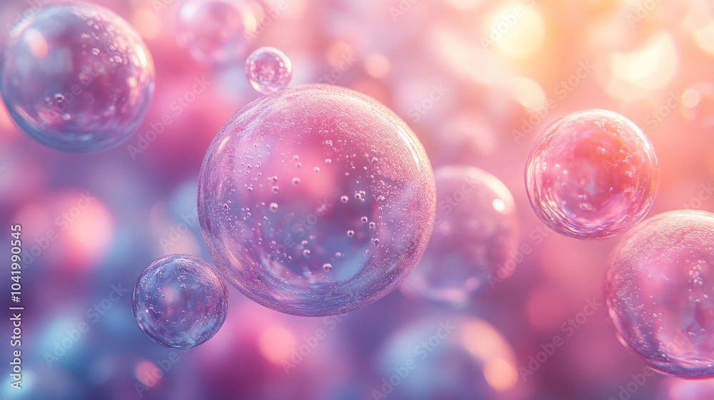 Leinwandbilder Various colorful bubbles are gently floating within a softly lit, vibrant background, creating a whimsical and enchanting atmosphere. The bubbles reflect light beautifully.