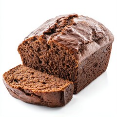 A fresh loaf of banana bread, sliced open, isolated on white, showing its moist, spongy interior