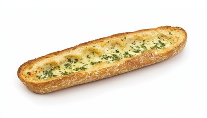 A fresh loaf of garlic bread, isolated on white, with herbs and melted butter visible