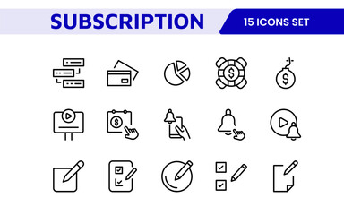 Subscription Services Icon Set. Modern and sleek icons for subscription-based platforms, perfect for enhancing user interfaces, streaming apps, SaaS products, and membership management.