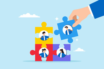 Flat illustration of HR businessman hand connects new joiner to jigsaw puzzle fitting into team effectively