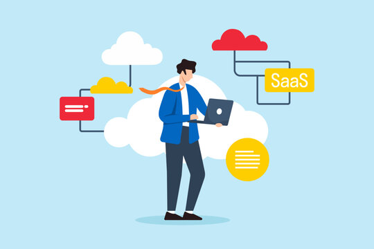 Flat illustration of businessman works on laptop engaging with cloud computing software for SaaS applications and client subscription