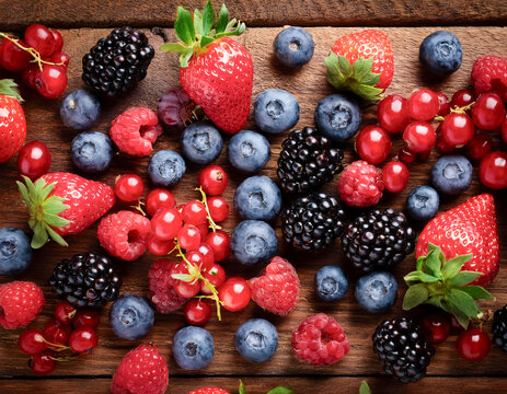 collage con diferentes frutas y frutos rojos sobre una mesa de madera