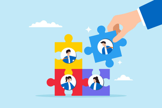 Flat illustration of HR businessman hand connects new joiner to jigsaw puzzle fitting into team effectively