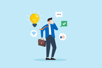 Flat illustration of smart businessman discusses ideas on phone promoting good communication skills for success