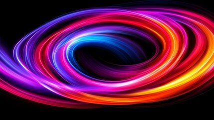 Colorful light trails swirling in an abstract spiral on a black background.