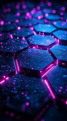 A futuristic abstract hexagonal grid with neon highlights in electric blue and purple, glowing lines defining each hexagon, deep black background for contrast, subtle shadow effects between layers,