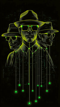 Futuristic digital artwork depicting three secret agent figures in neon green, wearing hats and glasses, with cyber connections on a dark background