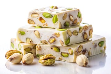 Delicious vanilla flavored almond and pistachio white nougat isolated on white background