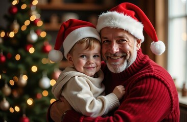 father and son are sitting near the Christmas tree