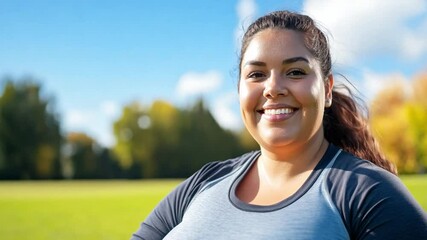 A cheerful woman wears plus size sport clothes, stands in a vibrant park, enjoying the sunny weather during her outdoor fitness routine