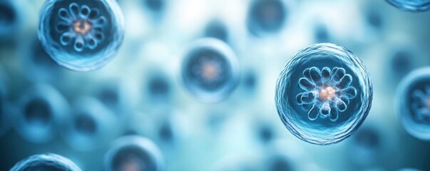 Abstract image of glowing cells, showcasing their delicate structures in a blue background, representing microscopic life and biological science.