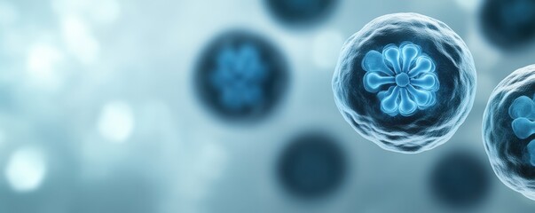 A close-up view of blue, spherical cells, depicting the intricate structure and design of microscopic organisms in a soft-focus background.