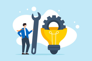 Flat illustration of businessman hold wrench builds gear in lightbulb representing innovation and product development to solve business problem
