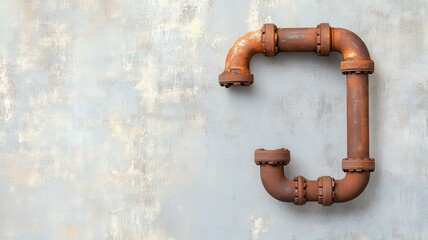 A rusty, industrial pipe forms a semi-circle against a textured gray wall, highlighting a blend of vintage aesthetic and urban design.