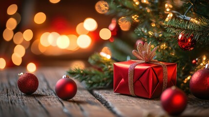 Festive Red Gift Box Under Christmas Tree Lights