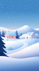 Fototapeta premium tranquil snowy village at dusk, featuring minimalistic houses surrounded by serene landscapes and gentle hills. scene evokes peaceful winter atmosphere