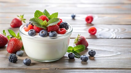 Delicious yogurt with fresh berries on white wooden table closeup reflected