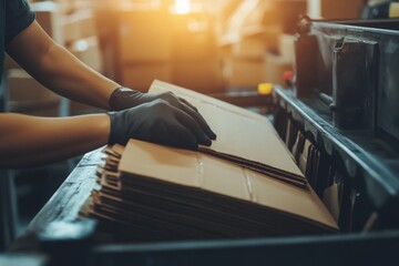 Close-up of Hands Placing Cardboard Sheets in a Manufacturing Machine