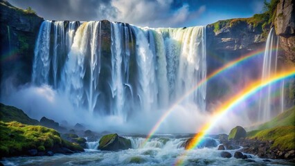 Fototapeta premium Symmetrical rainbow mist over waterfall in macro low angle shot