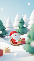 Santa delivers gifts joyfully in whimsical winter landscape filled with snow and evergreen trees, creating festive and cheerful atmosphere