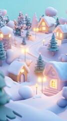 charming winter village scene featuring stylized houses, snow covered trees, and glowing street lamps. serene atmosphere evokes sense of warmth and holiday spirit