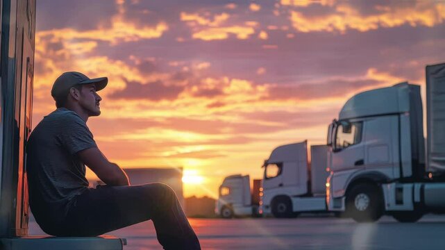 A truck driver relaxes at a yard, enjoying a peaceful sunset among the vehicles