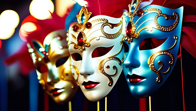 colored masks decorated opera themed event local carnival