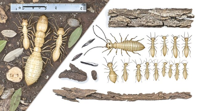 Termite Social Structure: A visual representation of the termite caste system, from workers and soldiers to the queen. 