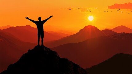 Silhouette of business male stand and feel happy on the most hight at the mountain on sunset, success, leader, teamwork, target, Aim, confident, achievement, goal, on plan, finish, generate by AI