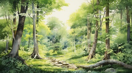 Obraz premium A serene forest scene with lush greenery, sunlight filtering through the trees, and a tranquil pathway lined with stones, creating a peaceful atmosphere.