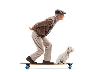 Full length profile shot of a senior man and a dog riding on a longboard © Ljupco Smokovski