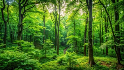 Obraz premium Dense forest with abundant foliage and tightly clustered trees