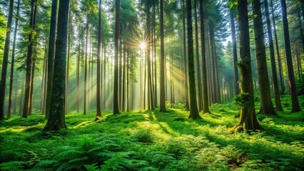 Obraz premium Dense forest with tall trees and glowing plants