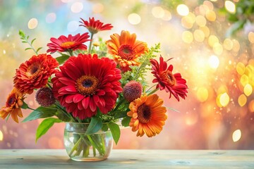 Fototapeta premium Red Flower Bouquet Watercolor Arrangement for Summer Postcards and Banners