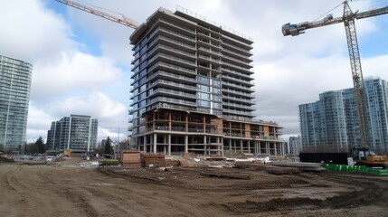 Fototapeta premium Modern Construction Site with Crane and Building Progress