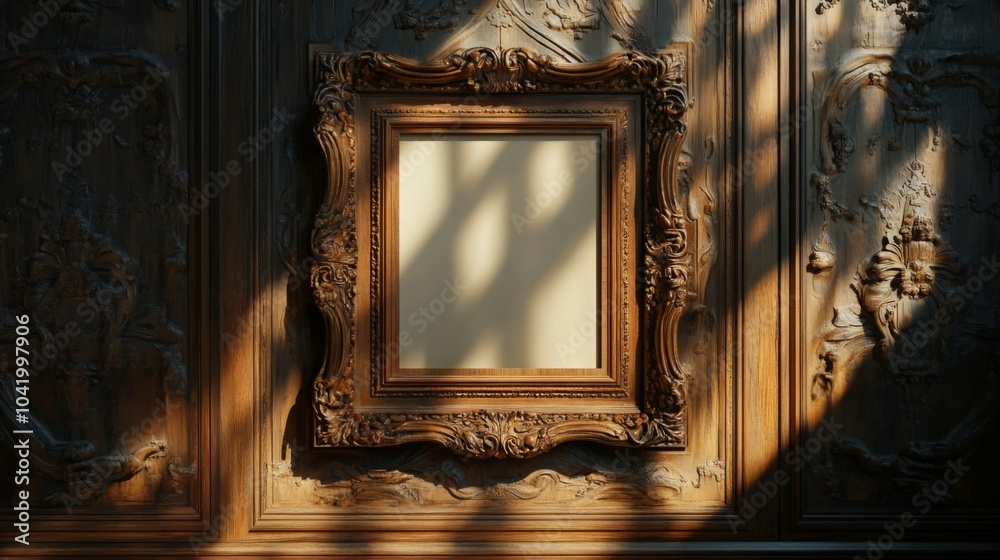 Poster an ornate, empty picture frame is positioned on a shadowed, textured wall, capturing light and ambia