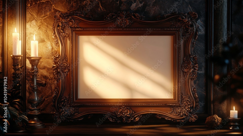Poster A vintage frame rests on a dark surface, illuminated by soft candlelight and shadows, creating an elegant and mysterious ambiance.