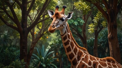 Fototapeta premium A young giraffe stands tall in a lush, green forest. Its long, slender neck stretches upward, reaching for leaves among the treetops.