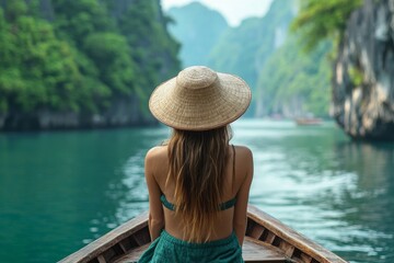 Serene summer escapade a young woman in a straw hat enjoying a scenic longtail boat ride