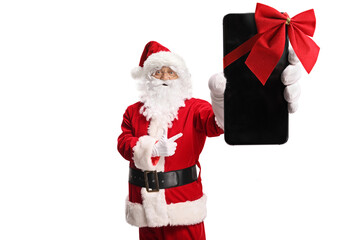 Santa Claus holding a gift mobile phone