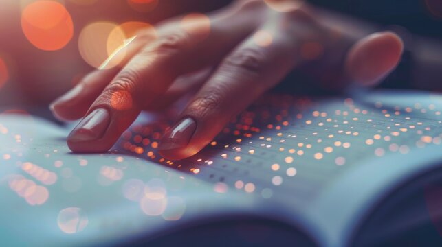 Close-up of a hand gently reading braille, touch and sensory learning concept.