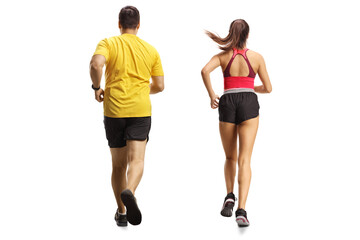 Rear view shot of male and female runners