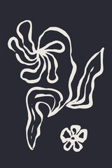Poster or card with ink brush abstract flower sketch. White silhouette of minimalist doodle floral