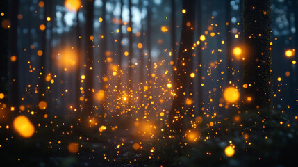 Include swarms of tiny glowing particles, gently drifting through the air. These particles should move in slow, swirling patterns, like galaxies of stars or clusters of glowing embers. 