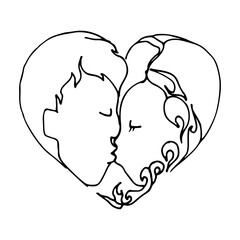 Man and woman are kissing. Heart silhouette with couple. Hand drawn line art vector illustration