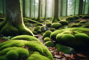 moss rough stones cover dense forest floor naturally