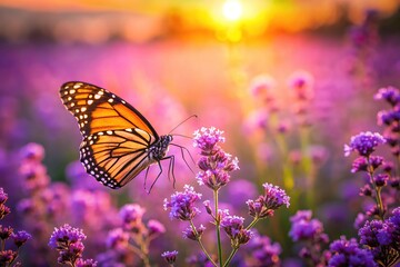 Depth of Field Butterfly in a Field of Purple Flowers at Sunset